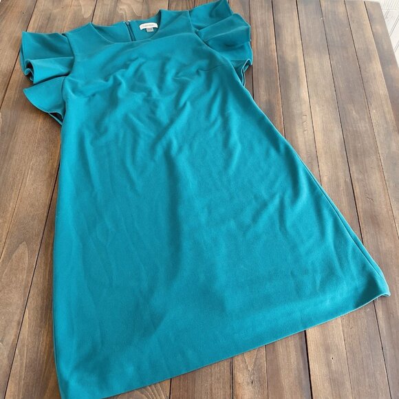 Calvin Klein Green Scuba Flutter Sleeve Stretch Dress - Size 12 (D7) - Picture 1 of 7